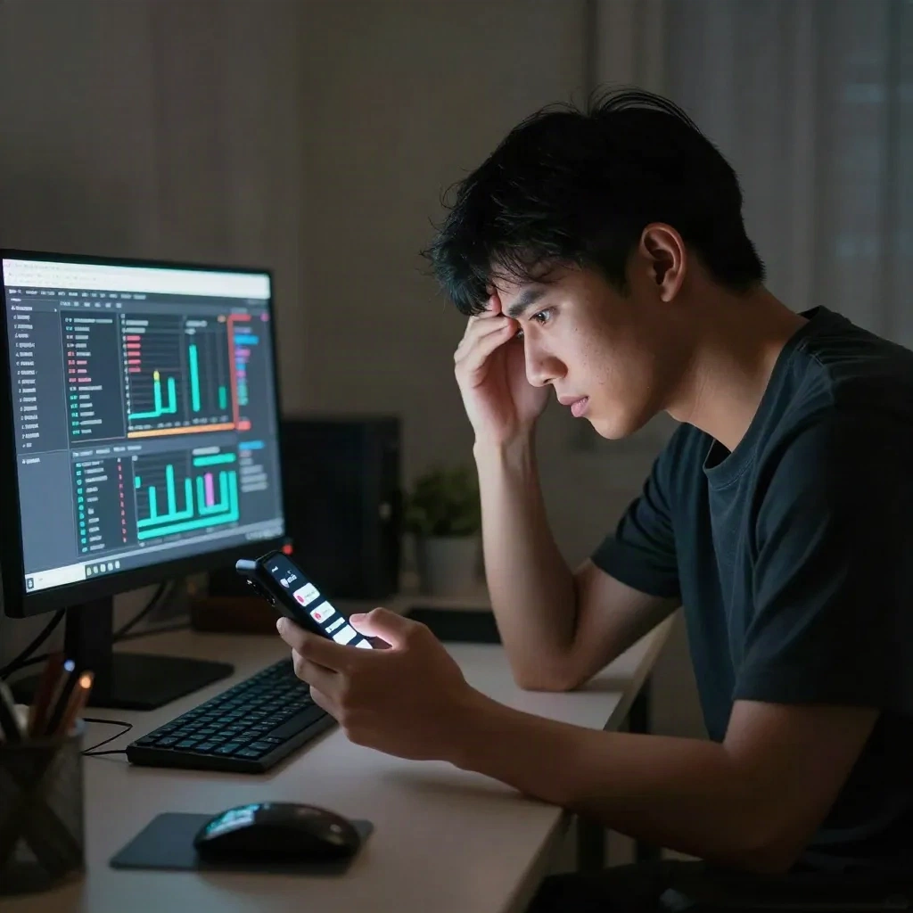 Solo developer at desk late at night with phone showing multiple alert notifications and server monitoring on laptop screen