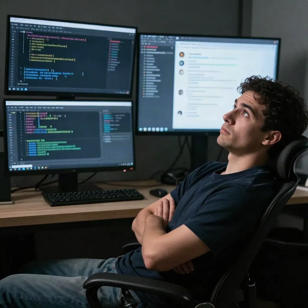 Developer reviewing AI-generated code critically, arms crossed, focused scrutiny