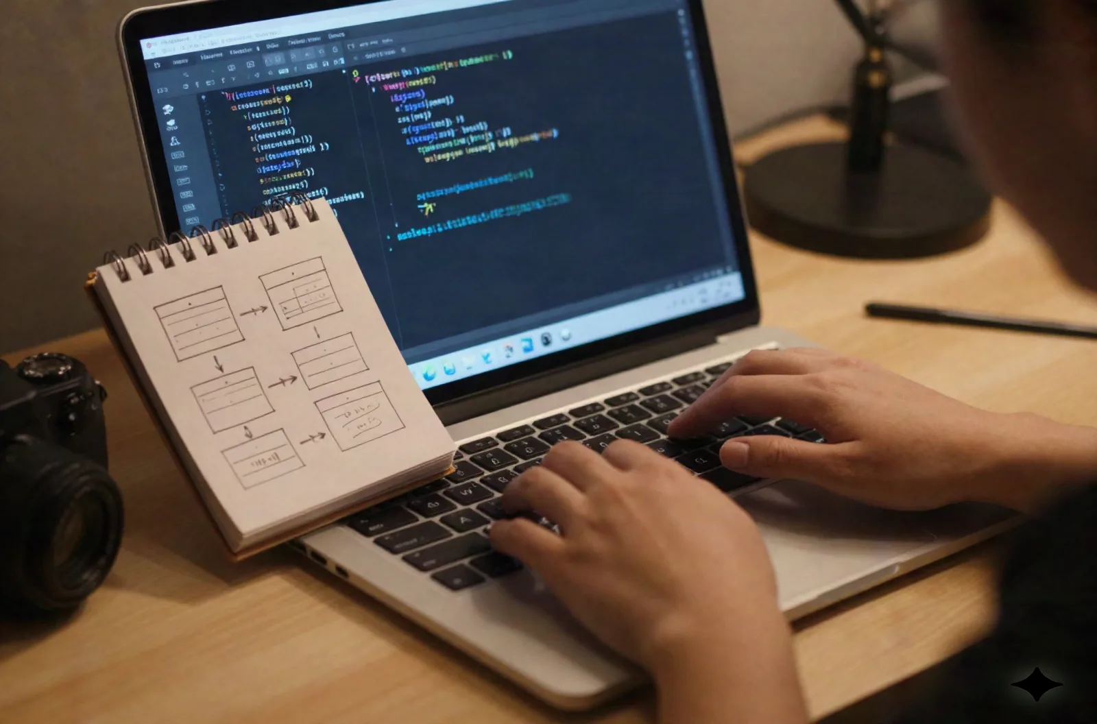 Developer typing with a hand-sketched project outline propped next to the laptop