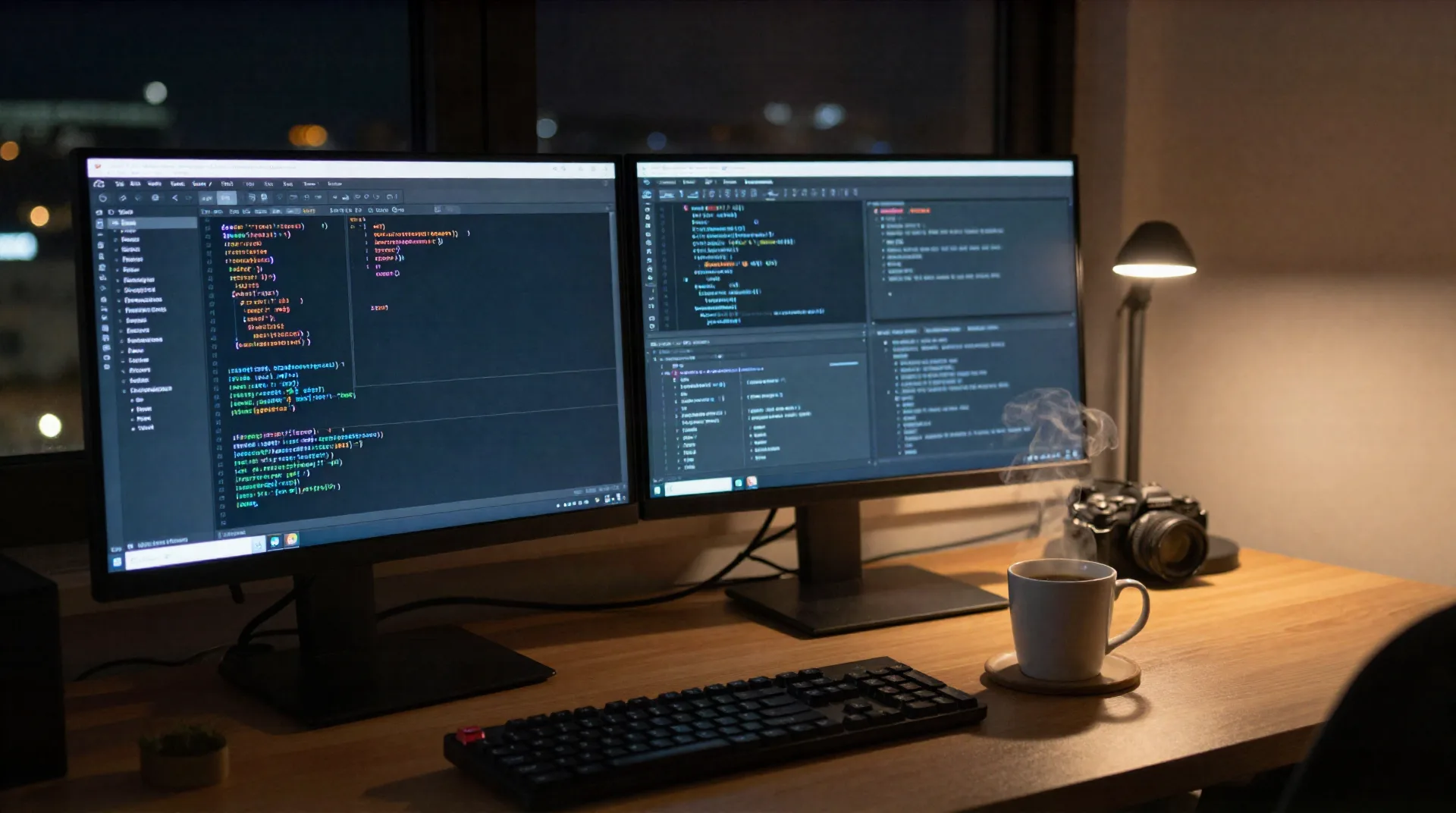 Developer's dark desk at night with an AI coding assistant suggestion panel open next to the editor