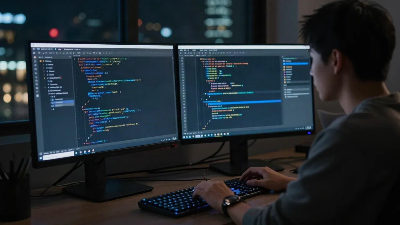 Developer coding with AI pair programming tools at a dual-monitor setup