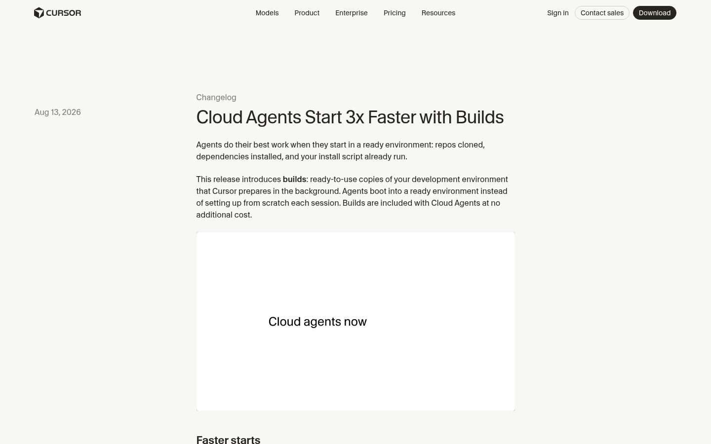 Pagina changelog di Cursor con gli ultimi rilasci della modalità Agent e del modello Tab