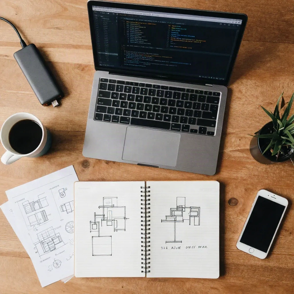 Overhead view of developer workspace with architecture sketches and laptop