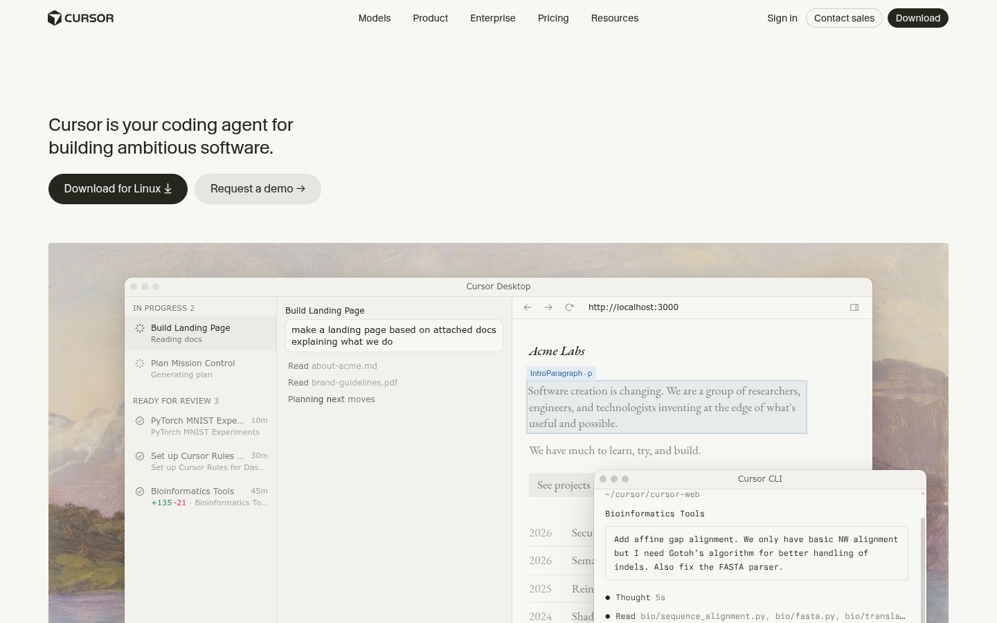 Página inicial do Cursor AI mostrando a landing page do agente de programação com IA