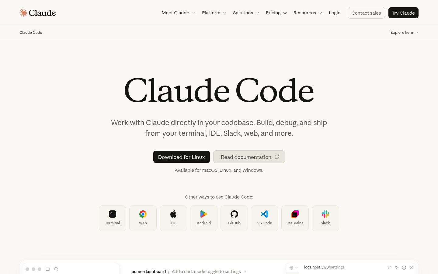 Captura de pantalla de la página de inicio de Claude Code, herramienta de codificación agéntica de Anthropic
