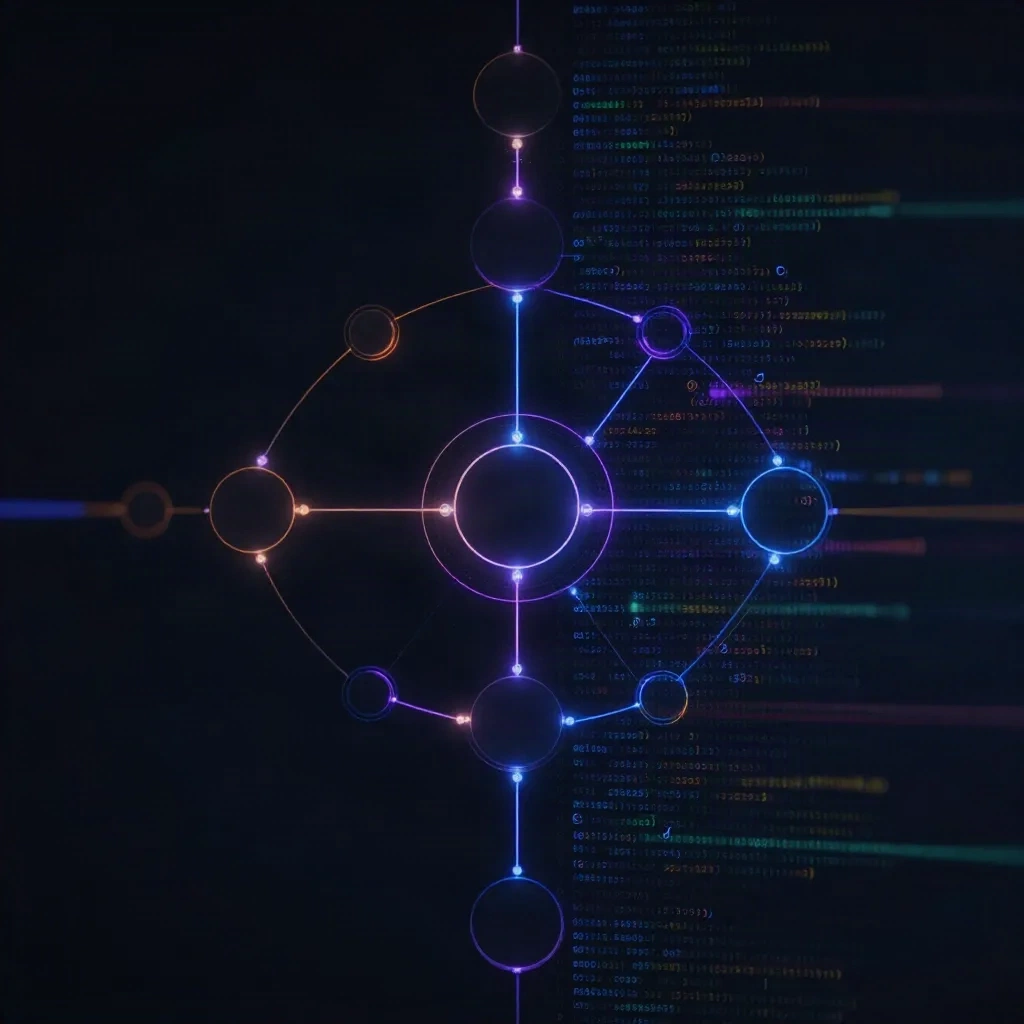 Abstract visualization of code branching paths with complexity heatmap