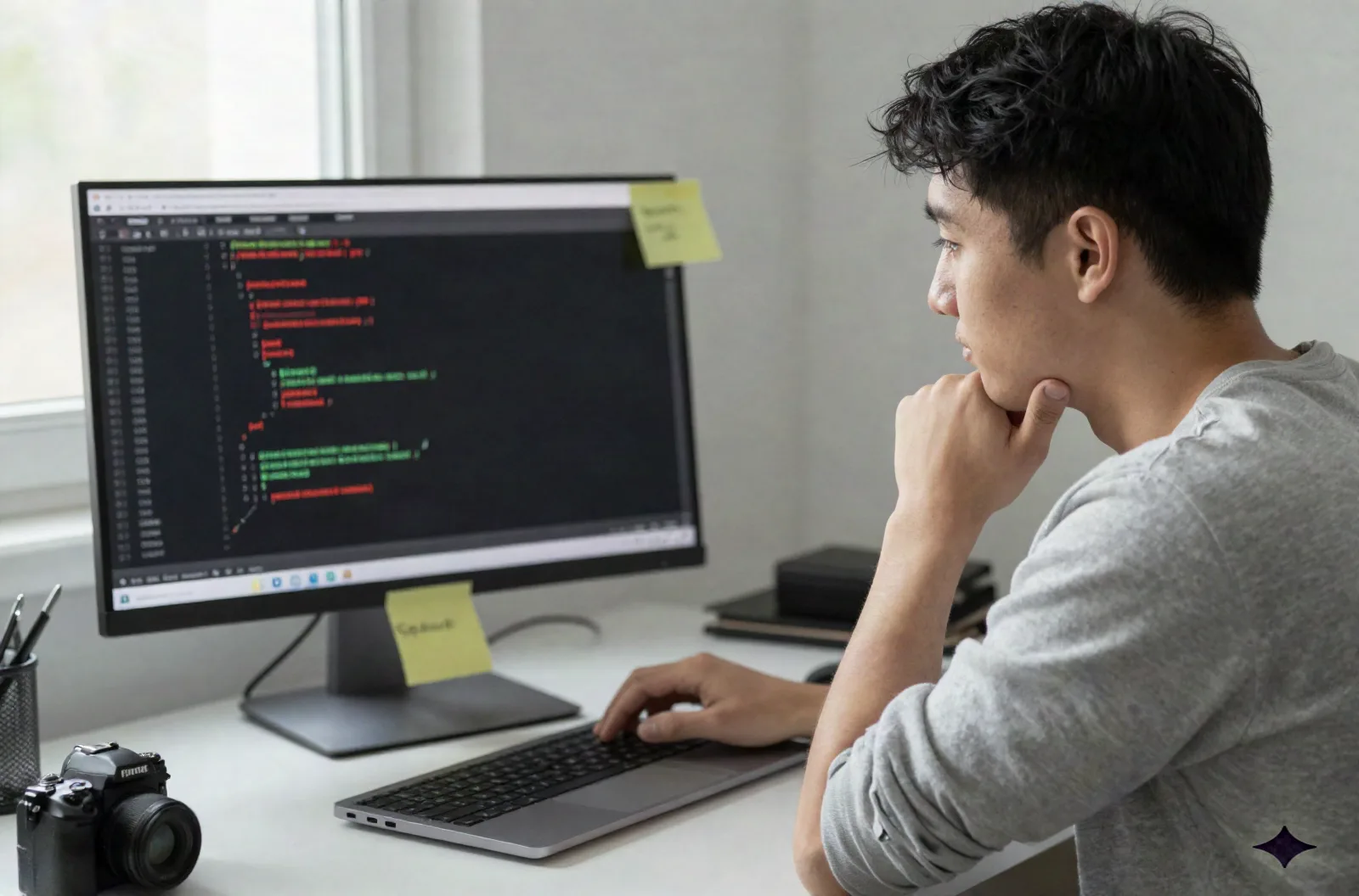 Developer reviewing an AI-generated code diff with a skeptical, careful expression