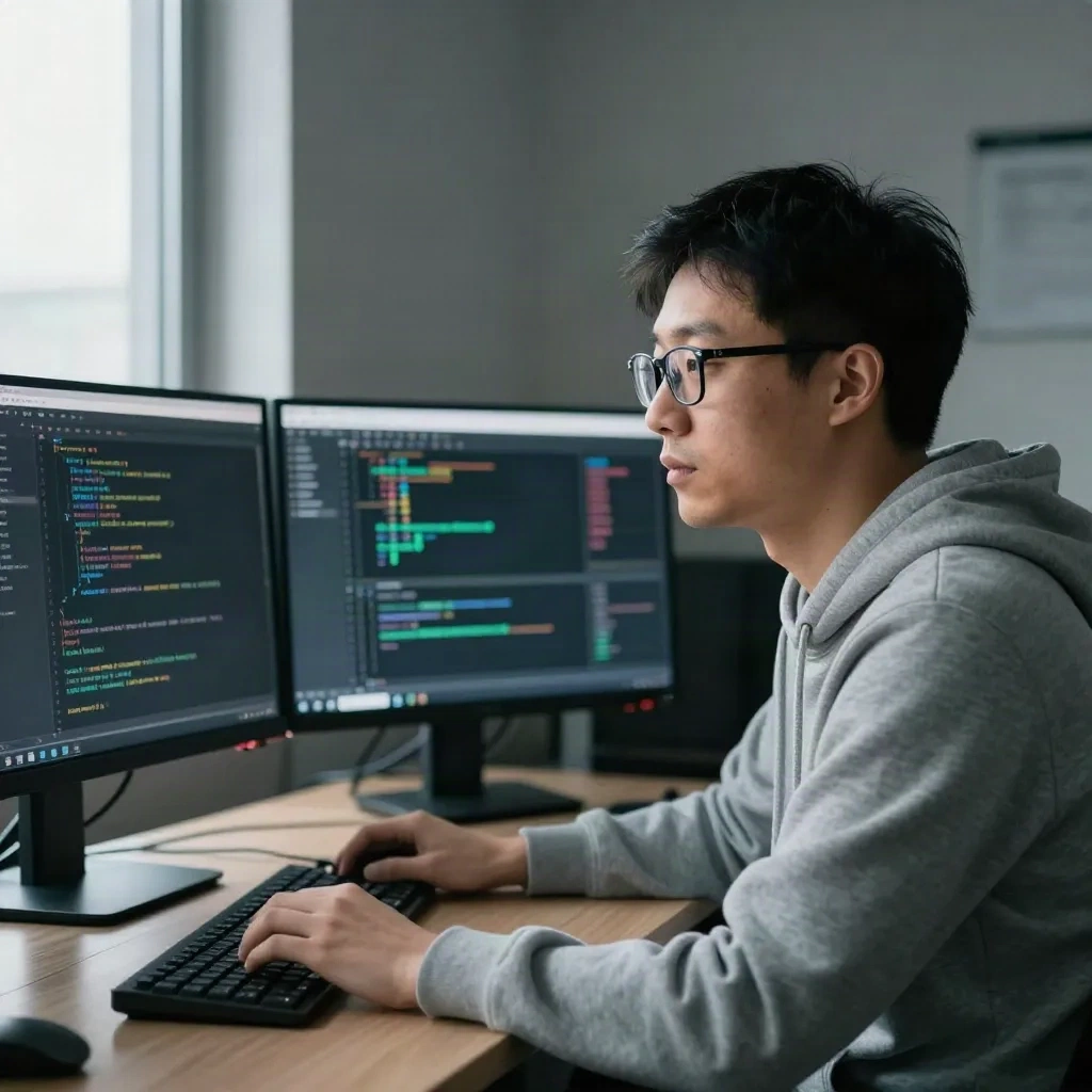 Developer analyzing code quality metrics on dual monitors in a dark workspace