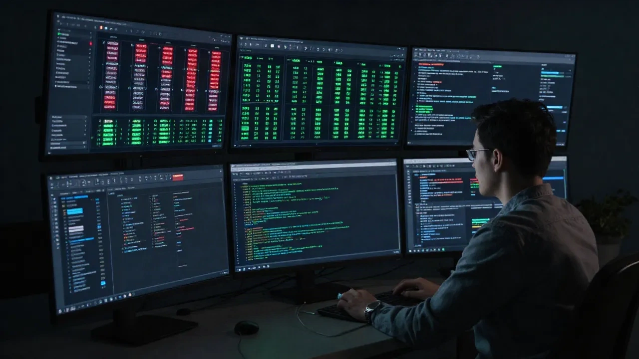 Gece developer workstation'ında incident response monitoring dashboard'u gösteren açık ekranlar