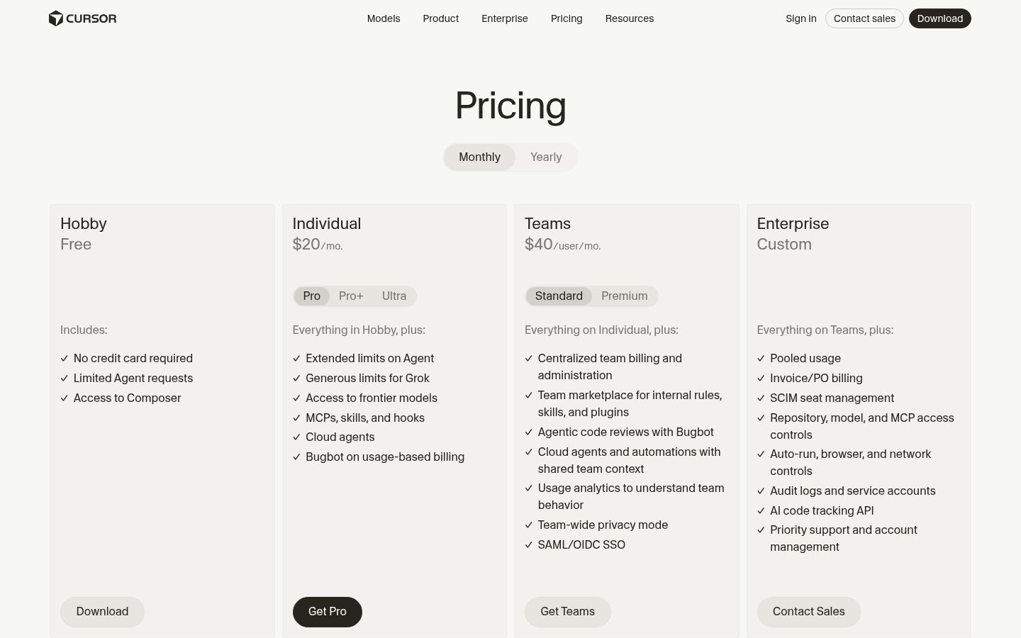 Pagina prezzi di Cursor con i piani Hobby, Pro, Pro+, Ultra e Teams