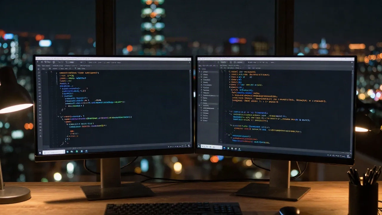 Estación de trabajo de desarrollador con monitores duales mostrando estructura de repositorio git en IDE oscuro, vista nocturna de Taipei a través de la ventana