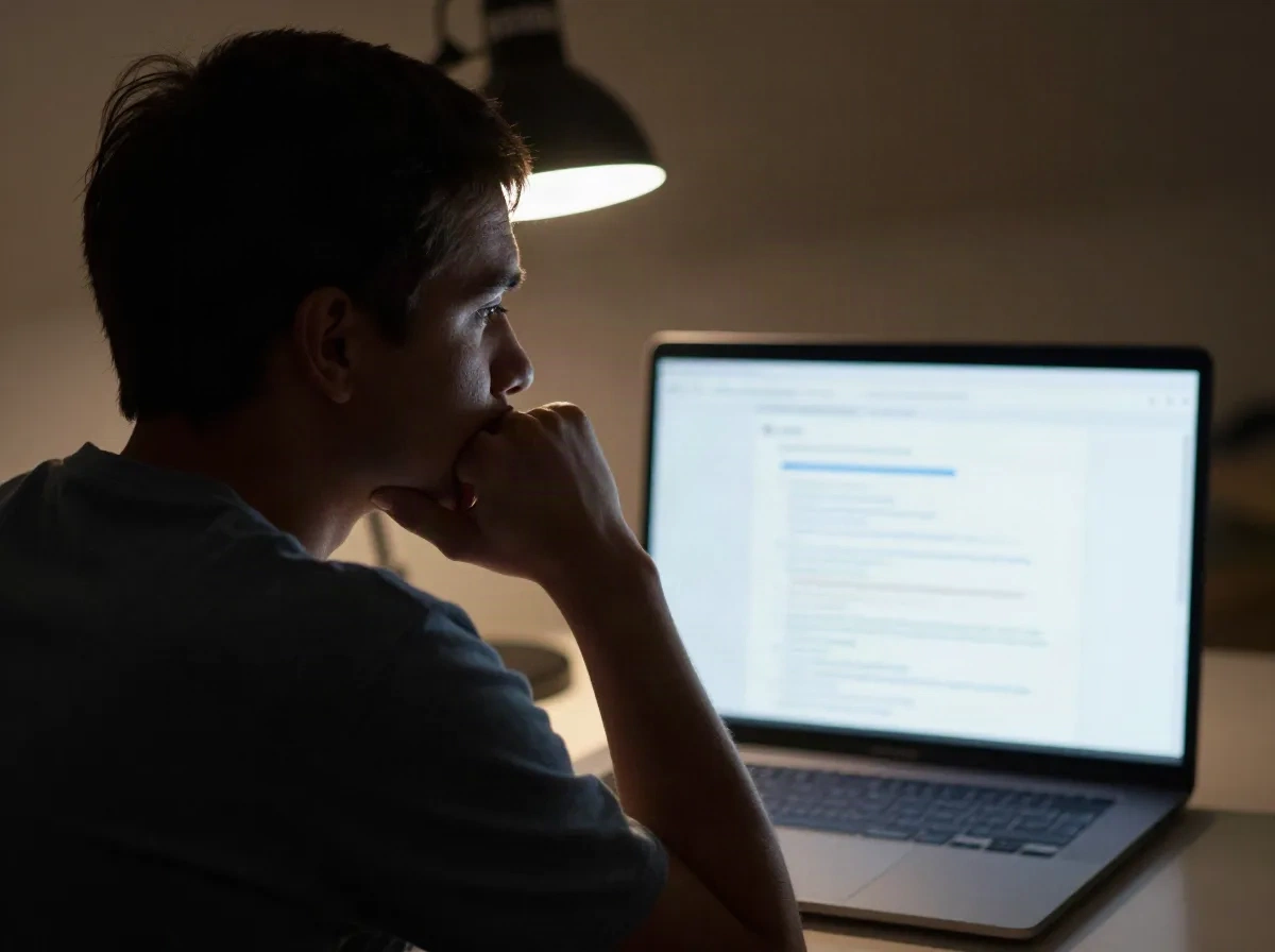 Developer sitting back from a laptop, thinking about where API keys and tokens are stored