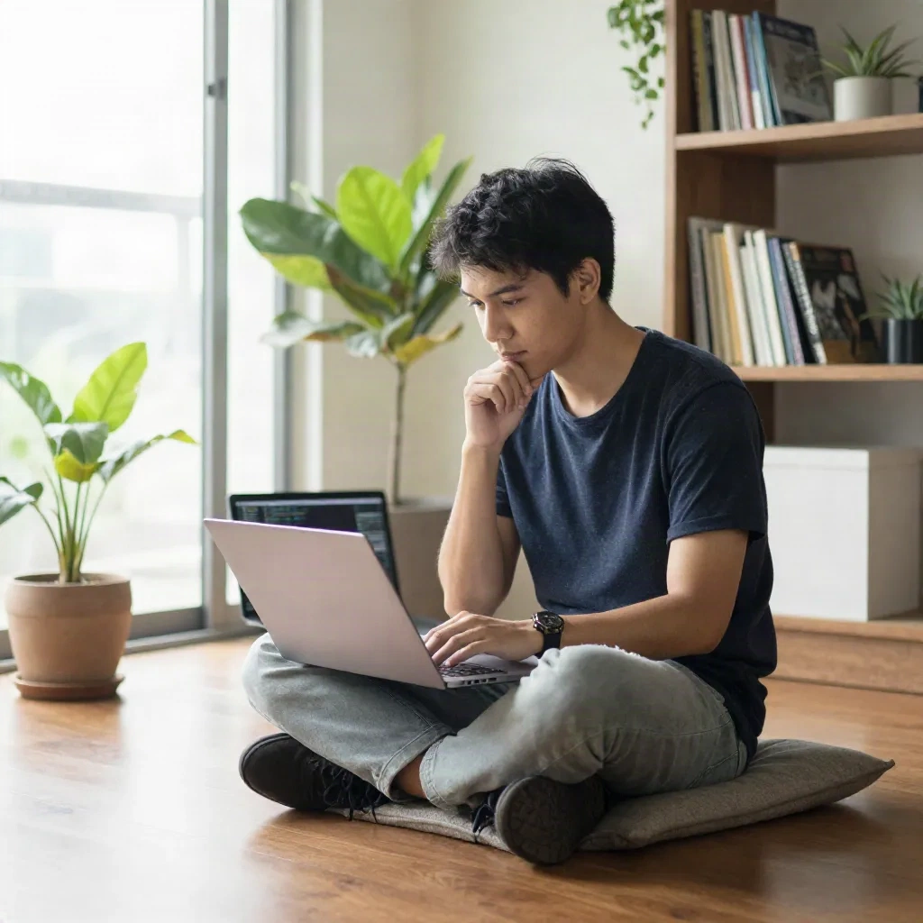 Developer solo kerja pada laptop dengan dual monitor mempertimbangkan project architecture decisions untuk side project tahun 2026
