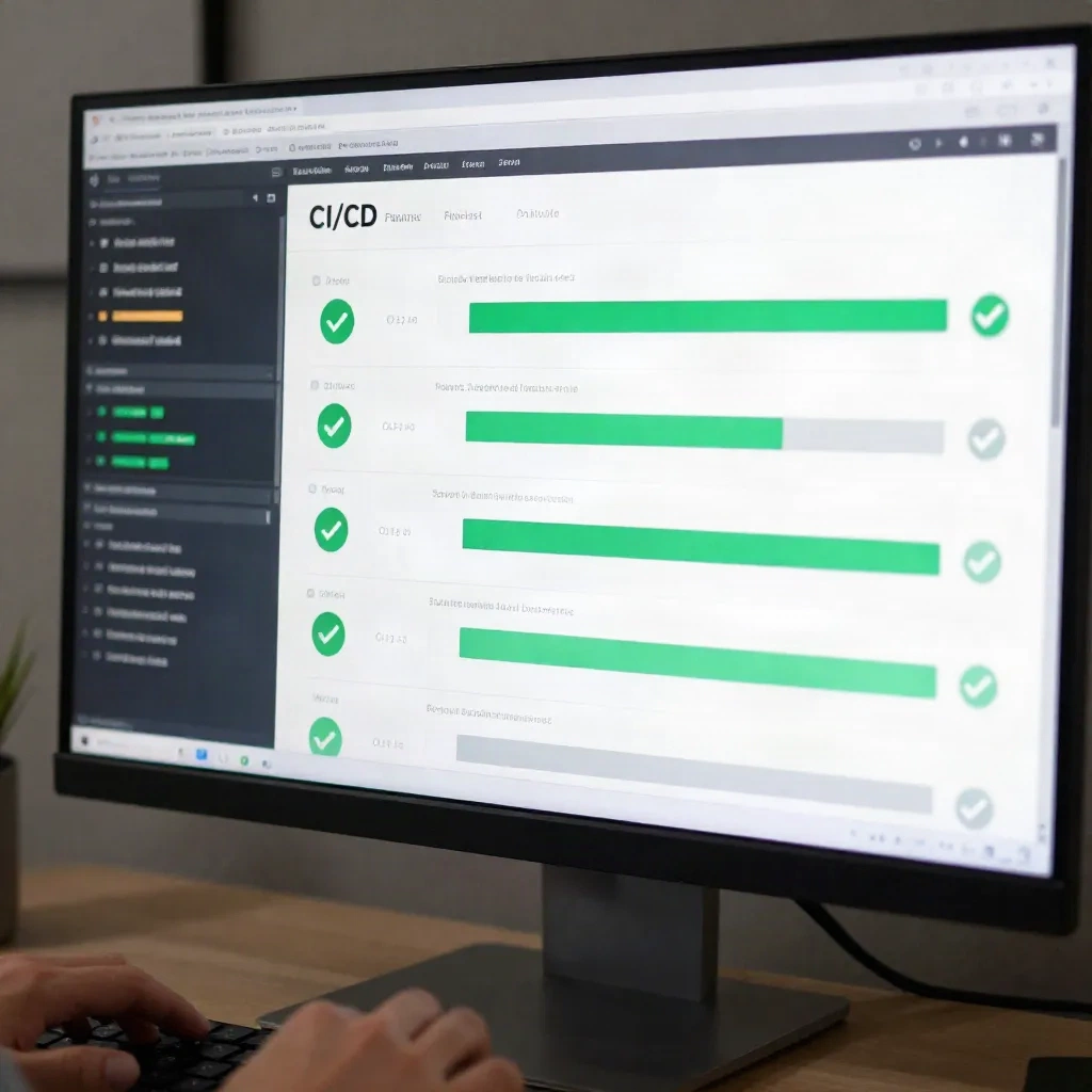 Dashboard pipeline CI/CD menunjukkan parallel build jobs berwarna hijau dan deployment status successful untuk monorepo architecture