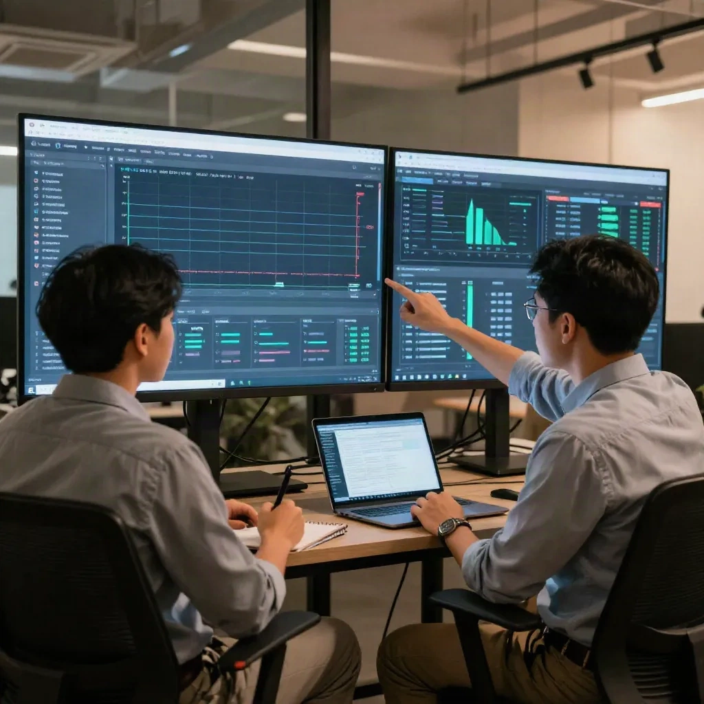 Two engineers reviewing software delivery metrics on dashboards