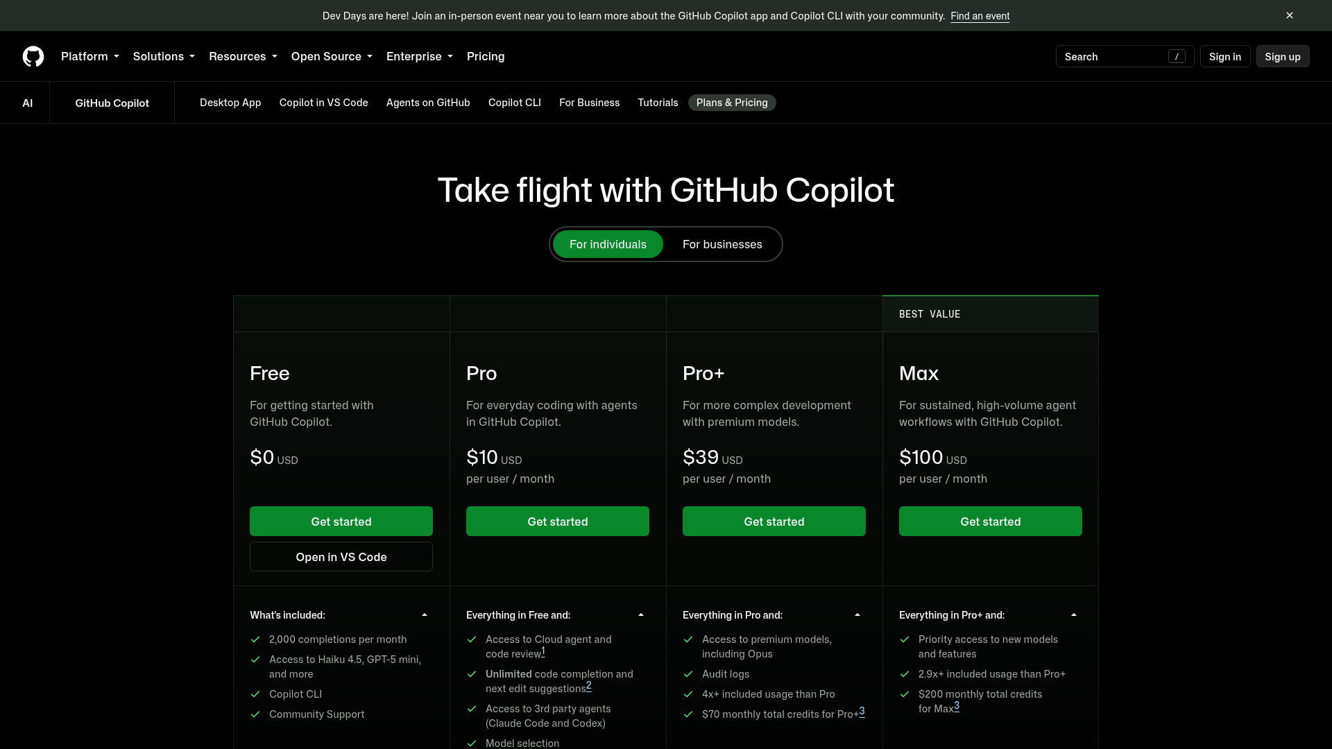 GitHub Copilot pricing page showing Free, Pro, Pro+, and Max plans