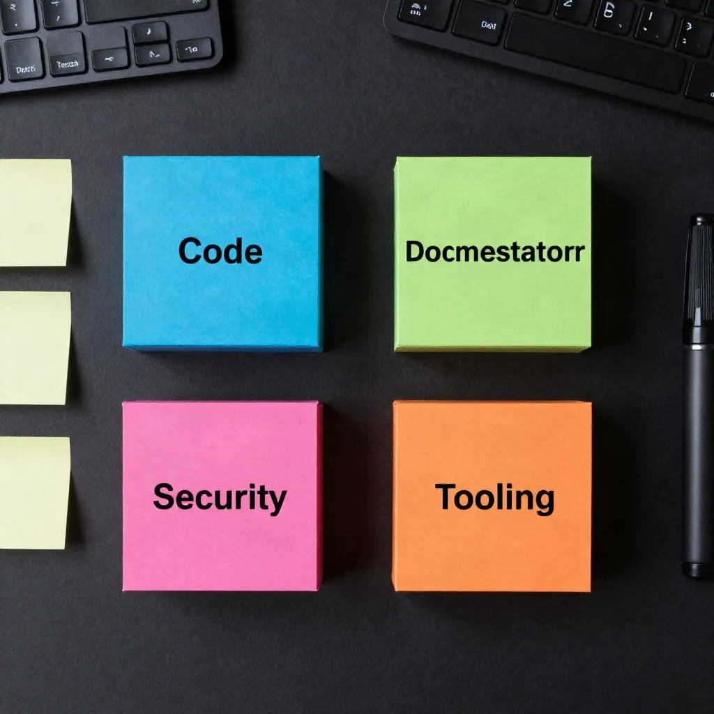 Vier Kategorien technischer Schulden mit farbigen Post-its auf einem Entwickler-Arbeitsplatz