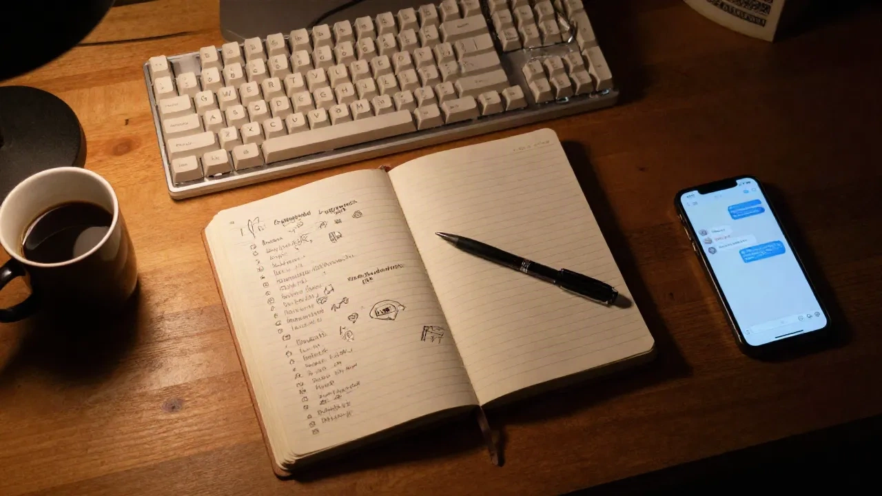 A handwritten checklist notebook next to a keyboard and phone on a desk