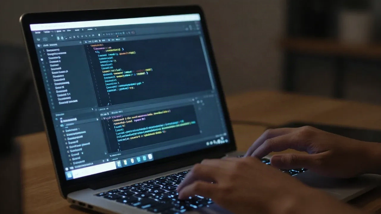 Developer typing on a laptop showing a dark code editor at night