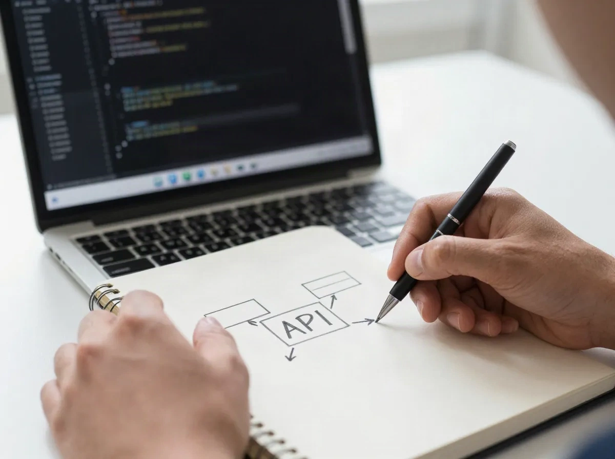 Developer sketching a simple API diagram in a notebook next to an open laptop