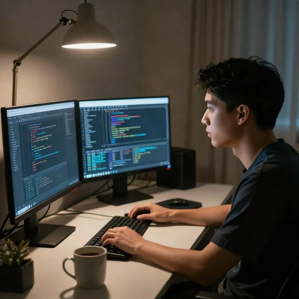 Developer mengerjakan proyek AI agent di malam hari dengan beberapa jendela terminal
