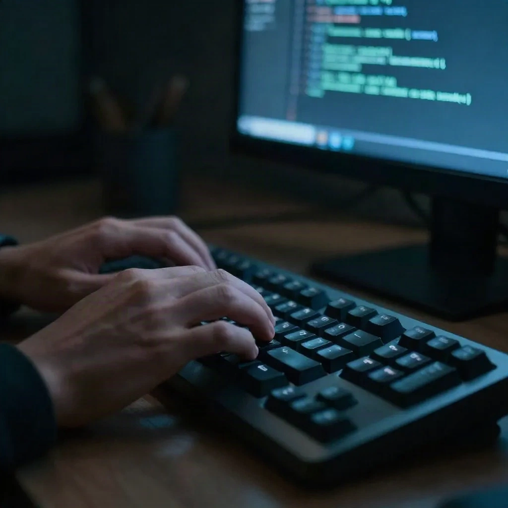 Tangan mengetik kode di keyboard mekanikal saat membangun AI agent