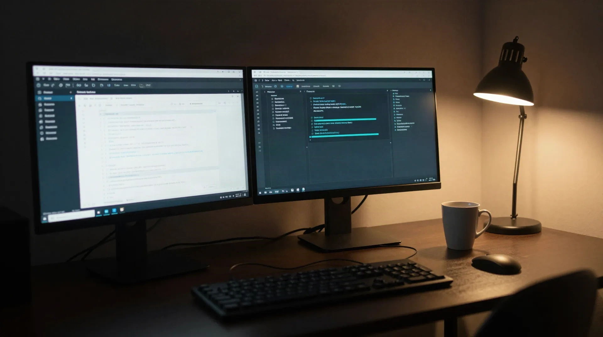 Developer's dark desk at night with an API testing tool interface open across dual monitors