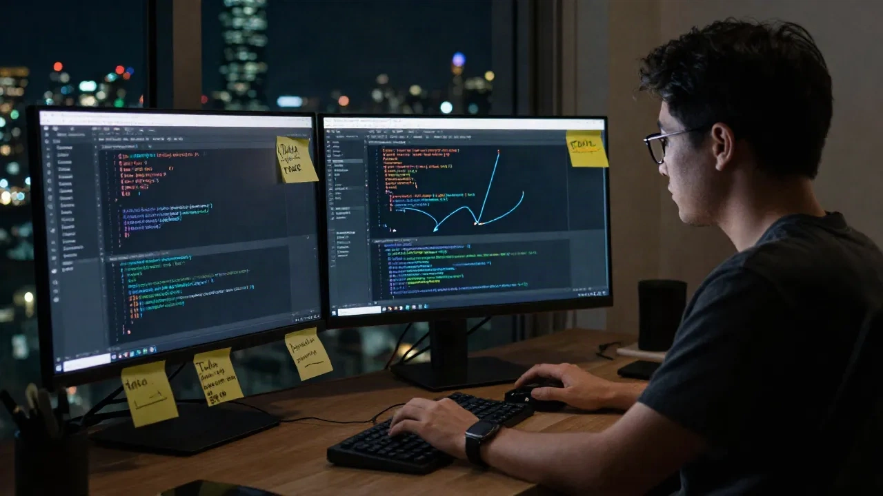 Ein Solo-Entwickler an einem vollgepfropften Schreibtisch mit zwei Monitoren, auf denen nachts komplexer Code zu sehen ist