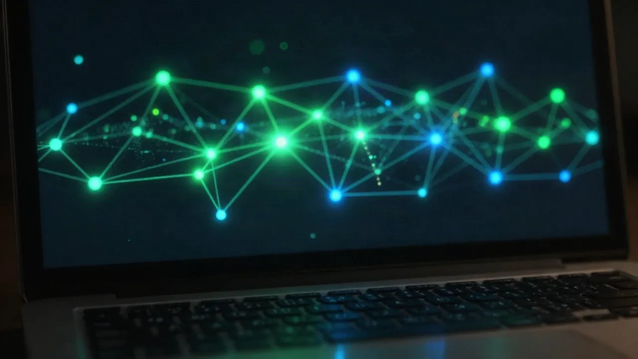 Interfaccia terminale scura che mostra una rete di agenti IA con connessioni di nodi luminosi