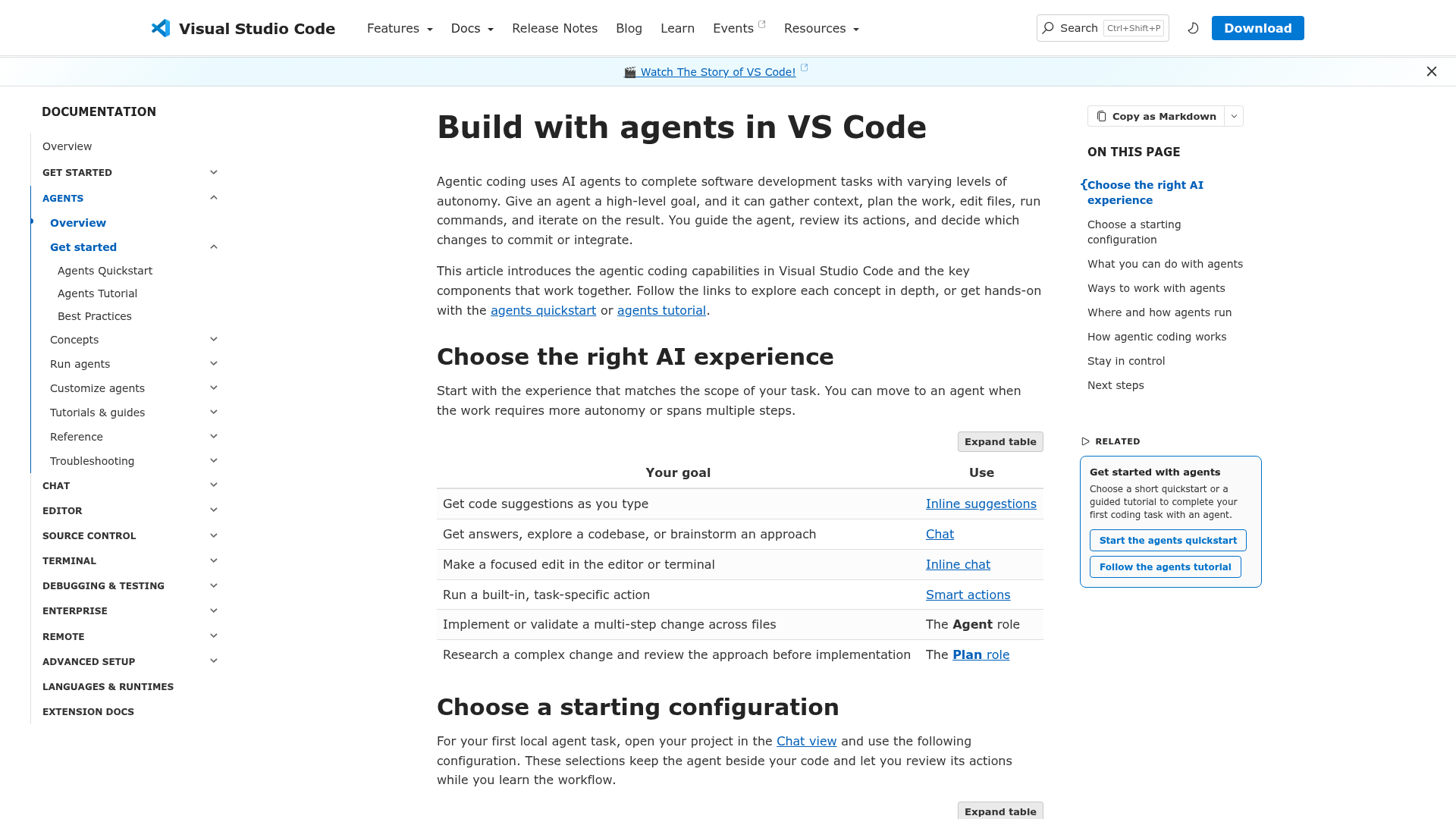 VS Code documentation page on building with Copilot-style coding agents
