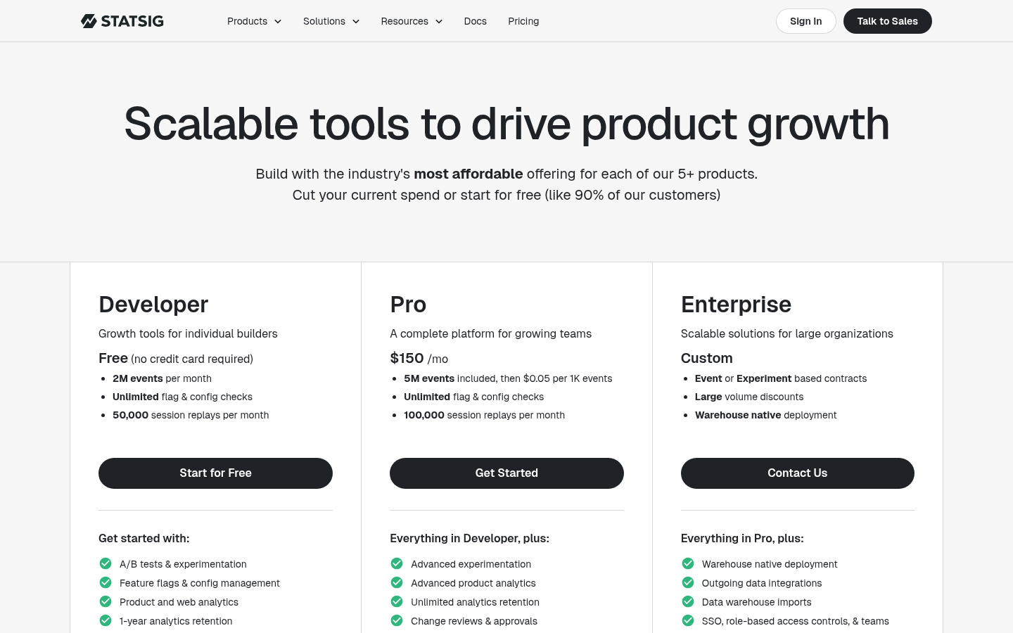 Página de preços do Statsig com os planos Developer, Pro e Enterprise