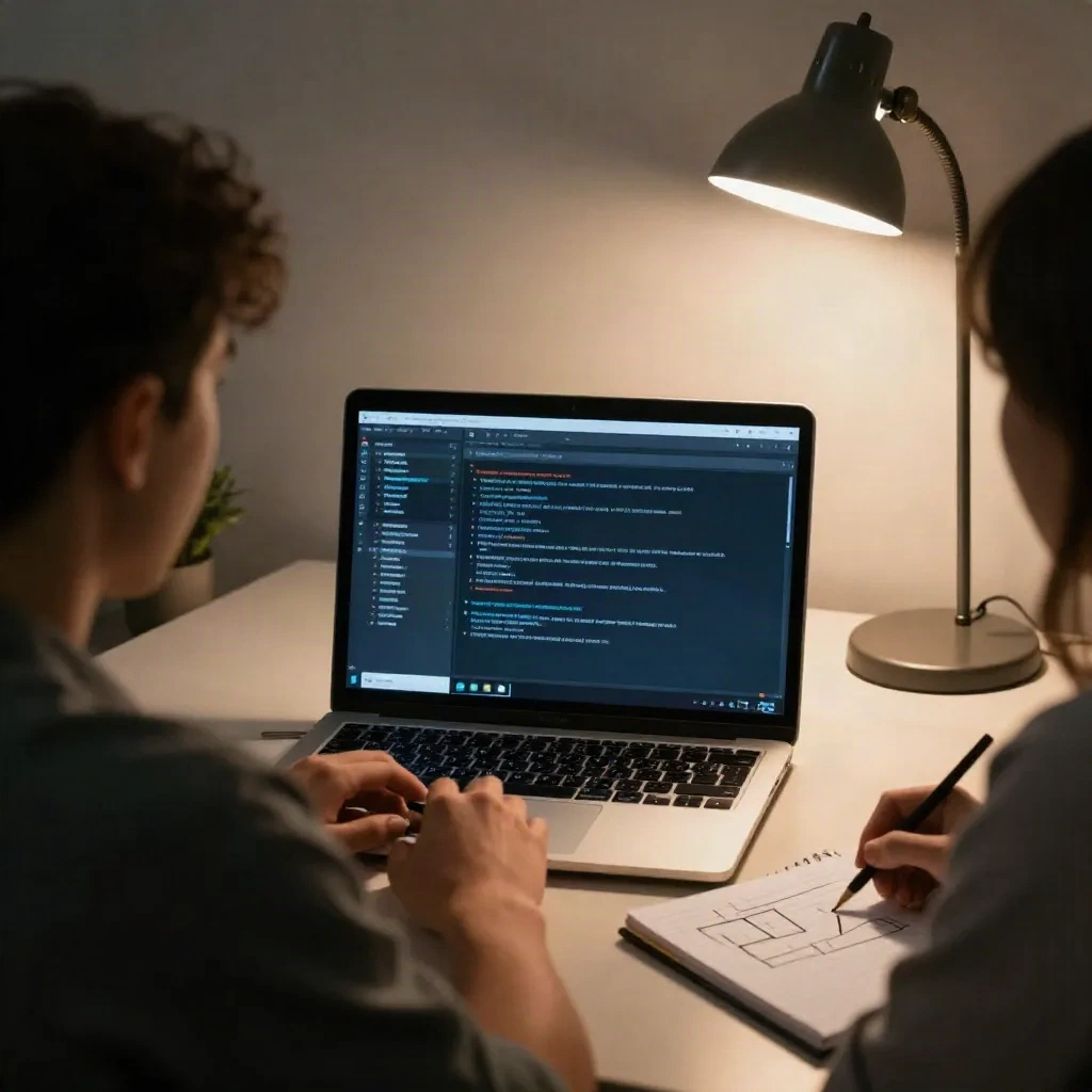 Dois desenvolvedores revisando um terminal em um laptop ao lado de um esboço em notebook