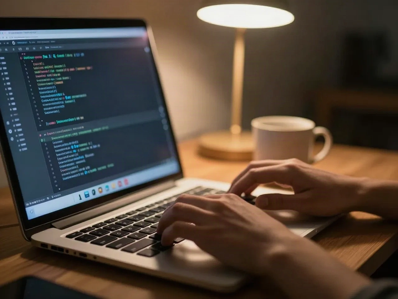 Tangan developer di atas keyboard dengan diff kode di layar, dalam ruangan remang