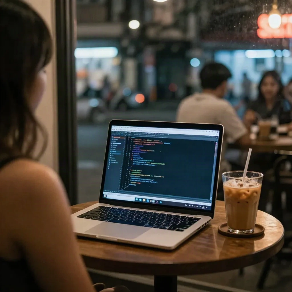 Notebook com um editor de código escuro sobre uma mesa de café à noite