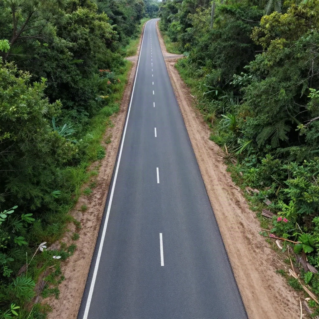 Uma estrada paved suave correndo ao lado de uma trilha suja de terra através de floresta densa