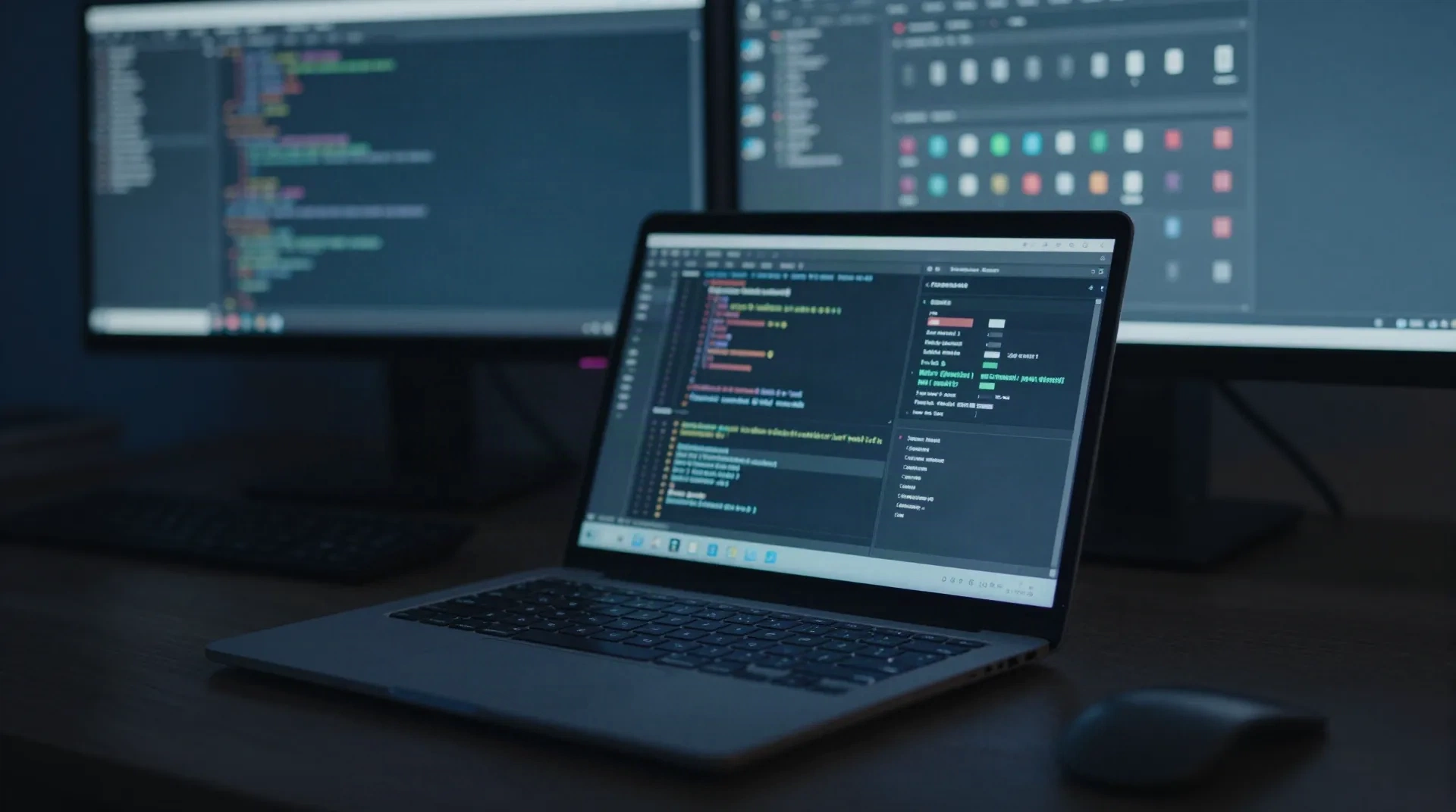 Meja developer gelap di malam hari dengan laptop dan monitor yang menampilkan kode serta dashboard feature flag