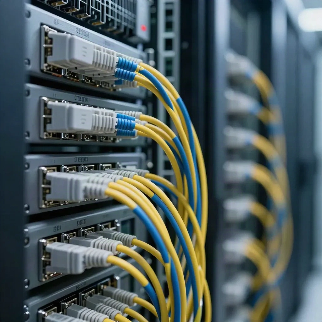 Cabos patch color-coded roteados direito através de um rack de servidores