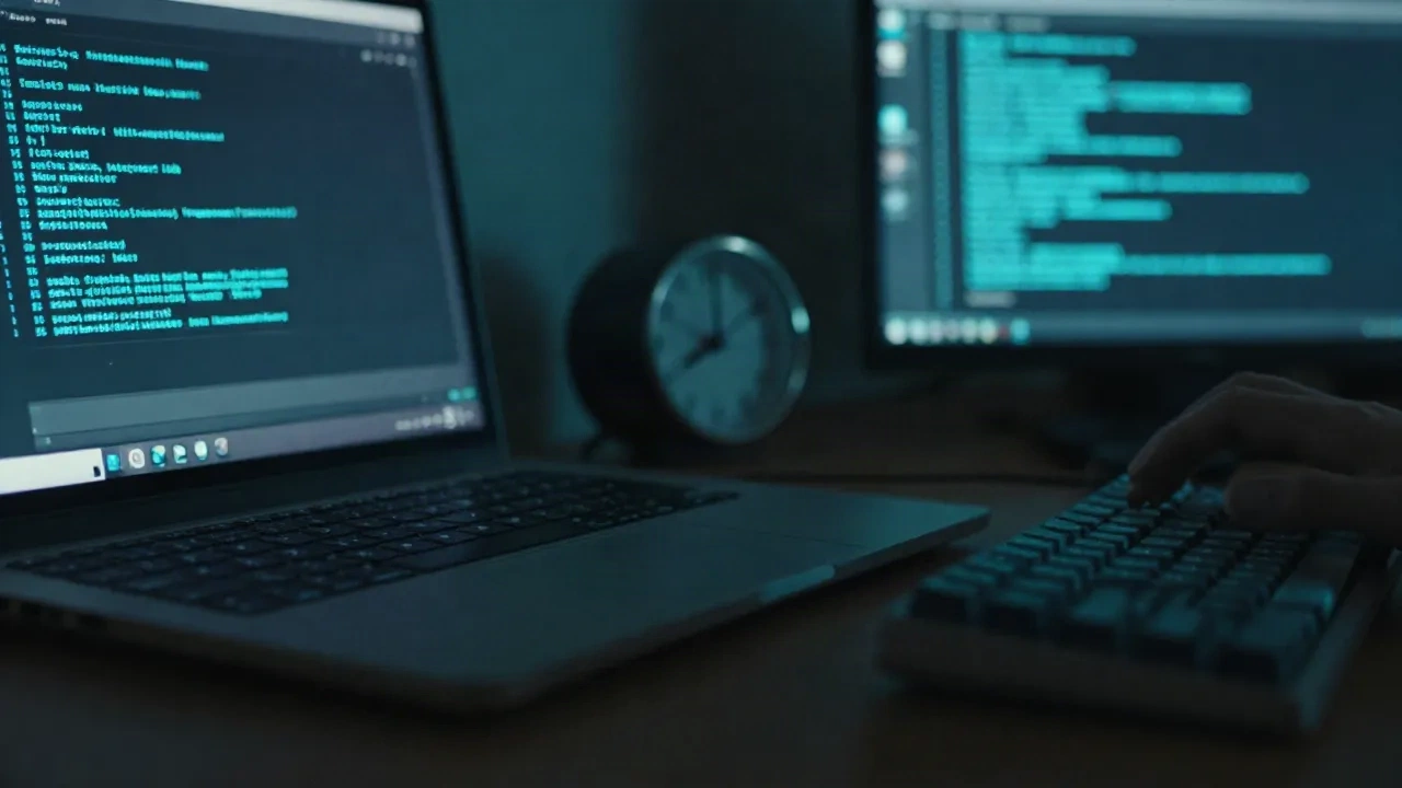 夜の暗い開発者のデスク。ノートPCで光るターミナルと、背景の壁時計