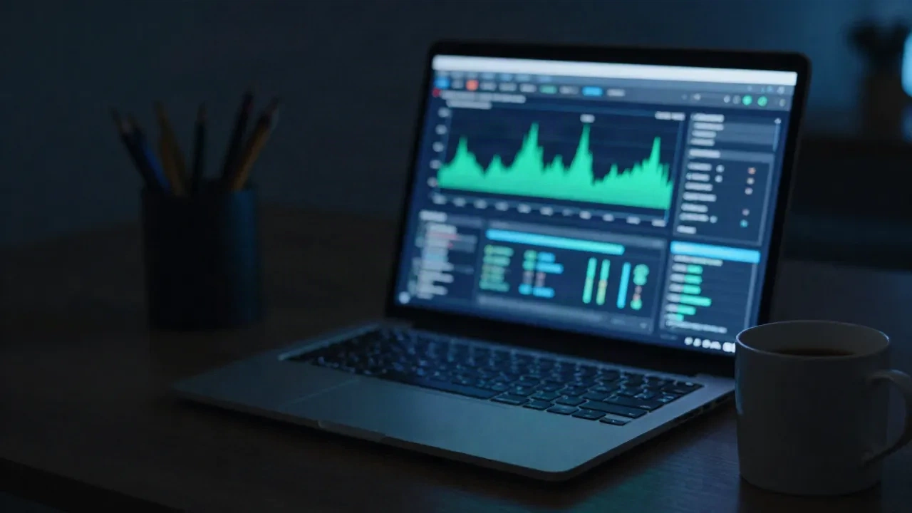 Laptop auf einem dunklen Schreibtisch mit einem Uptime-Dashboard spät in der Nacht