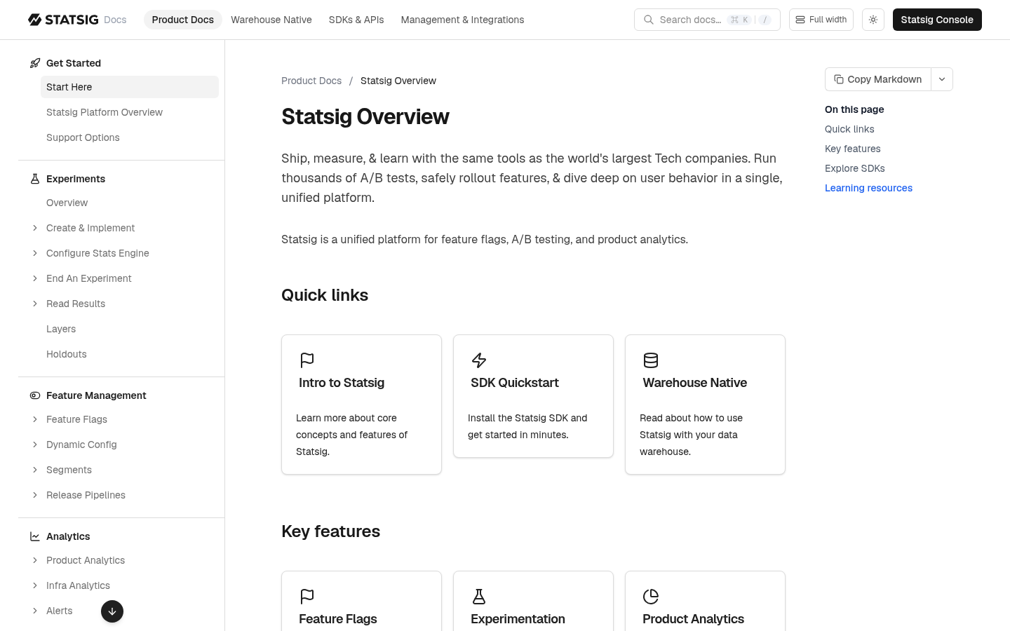 Visão geral da documentação do Statsig com as seções de experimentos, gestão de features e analytics