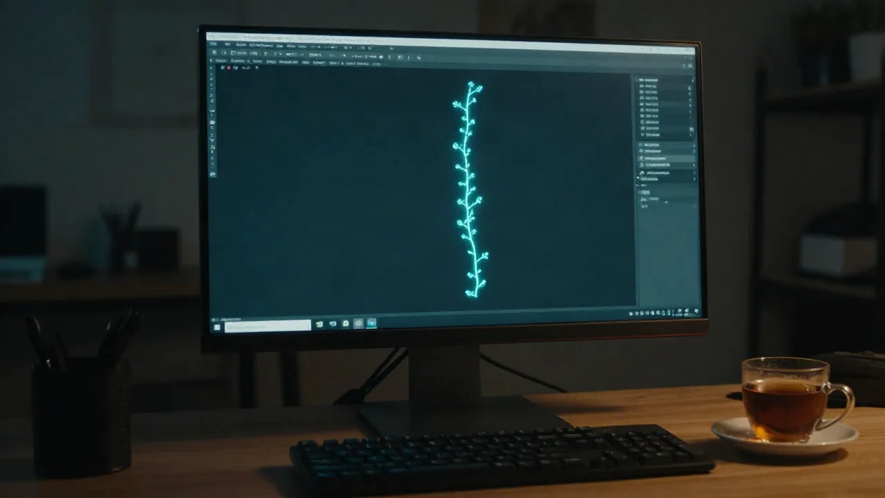 Dark desk with a monitor showing a single glowing vertical line, a metaphor for one shared trunk
