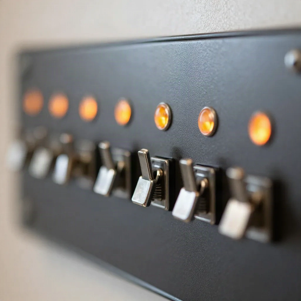Um painel de interruptores físicos, alguns ligados e outros desligados, como feature flags