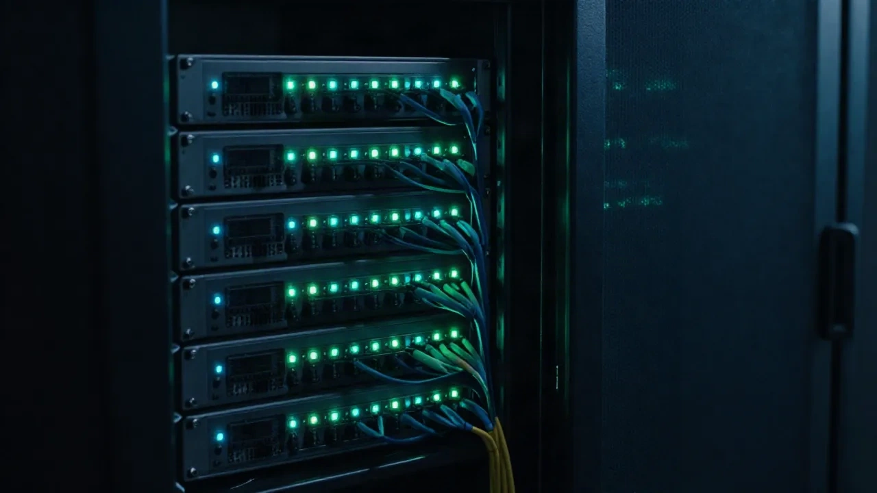 Server rack with green and cyan status lights in a dim room