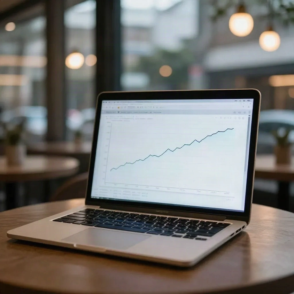 Laptop in un caffè di Bangkok che mostra un grafico di latenza piatto e stabile al tramonto