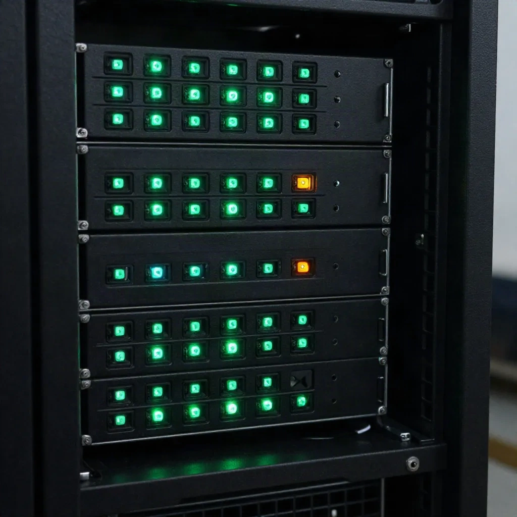 Yeşil durum ışıklarıyla dolu küçük bir sunucu rafı, içinde tek bir sarı ışık