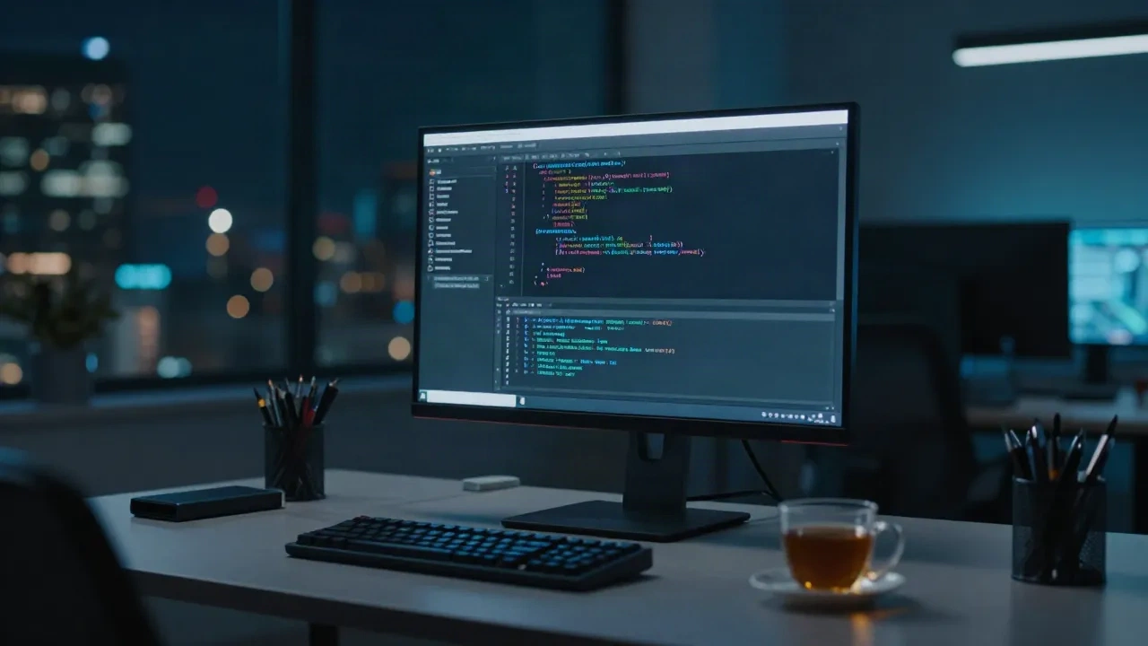 Ciemny edytor kodu i terminal świecący na monitorze w cichym biurze w nocy
