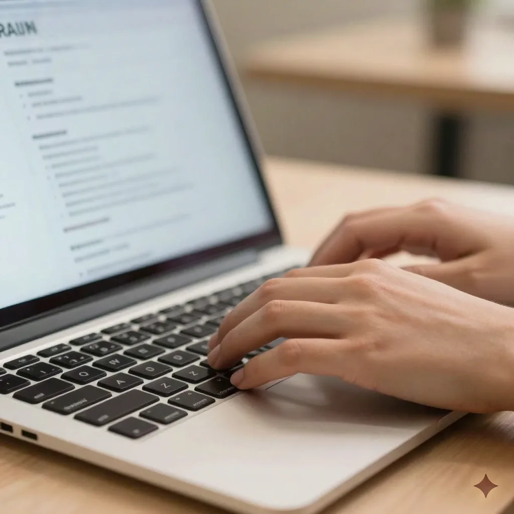 Hands typing a resume objective statement on a laptop keyboard