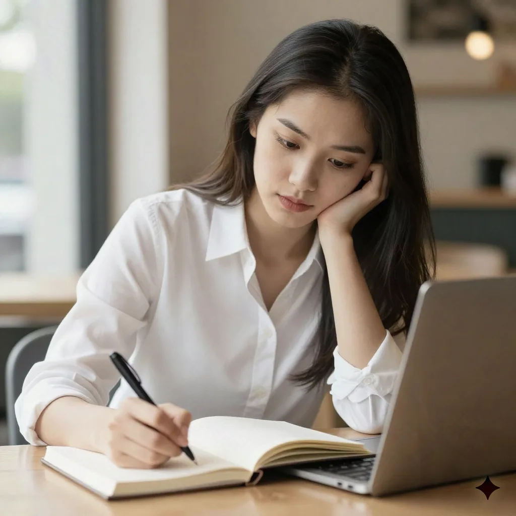 Woman writing career goals and job search plan in a notebook at a cafe
