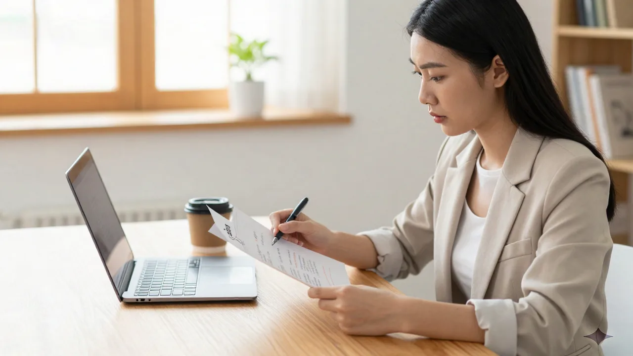 Young professional reviewing her resume at a home office desk