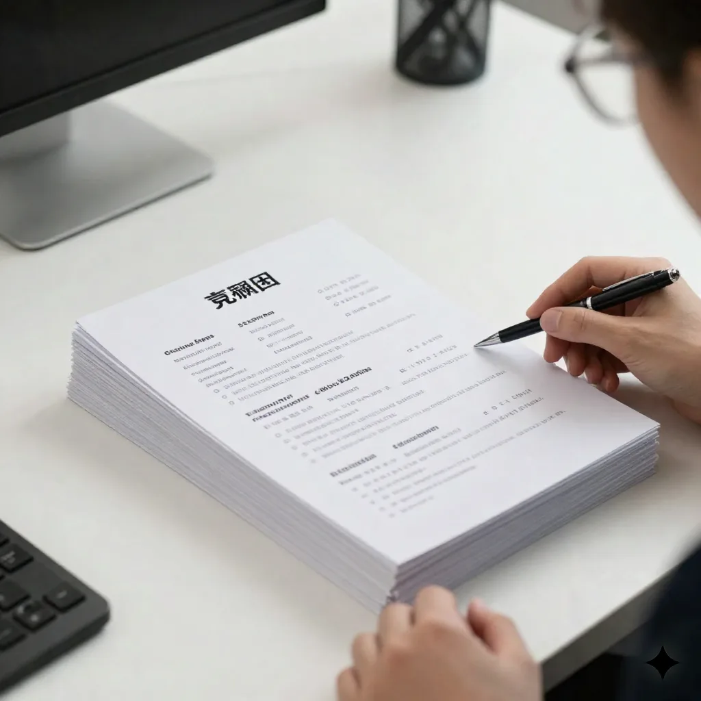 Recruiter reviewing a stack of resumes on an office desk
